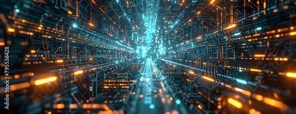 Obraz walls wrapped in digital binary codes with blue lights in the technology gateway