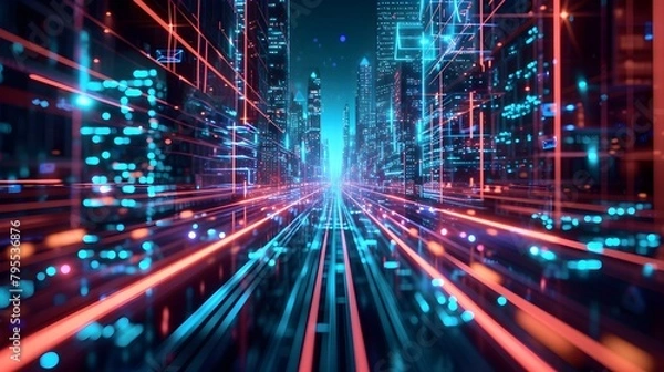 Obraz walls wrapped in digital binary codes with blue lights in the technology gateway