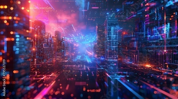 Obraz walls wrapped in digital binary codes with blue lights in the technology gateway