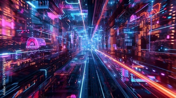 Obraz walls wrapped in digital binary codes with blue lights in the technology gateway