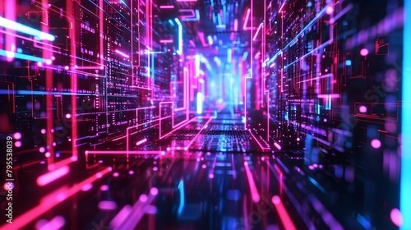 Fototapeta walls wrapped in digital binary codes with blue lights in the technology gateway