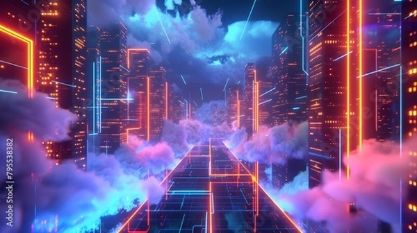 Fototapeta walls wrapped in digital binary codes with blue lights in the technology gateway