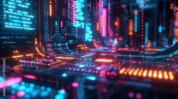 Fototapeta walls wrapped in digital binary codes with blue lights in the technology gateway