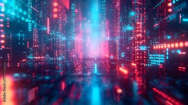 Fototapeta walls wrapped in digital binary codes with blue lights in the technology gateway