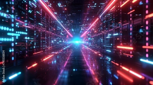 Fototapeta walls wrapped in digital binary codes with blue lights in the technology gateway