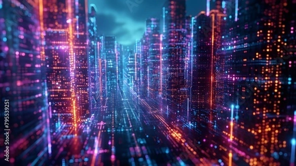 Fototapeta walls wrapped in digital binary codes with blue lights in the technology gateway