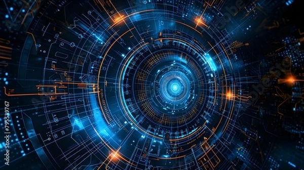 Fototapeta walls wrapped in digital binary codes with blue lights in the technology gateway