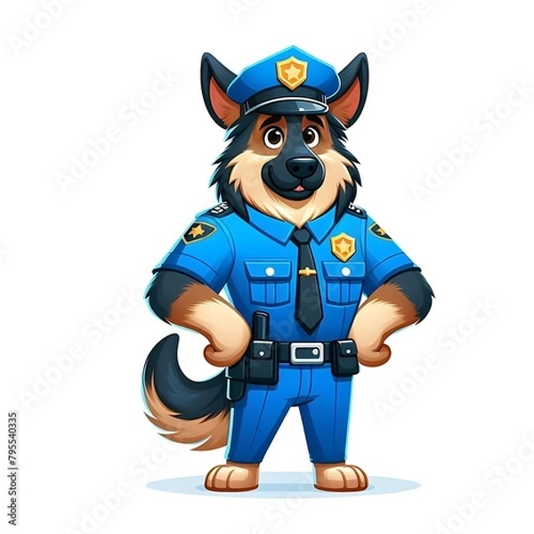 Obraz Funny shepherd dog character in blue police uniform standing on guard with paws on hips, cartoon vector illustration isolated on white background. Police dog character in uniform on guard