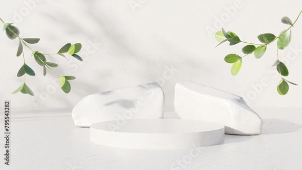 Fototapeta Cylindrical stone product podium with green boxwood branches with sunlight and beautiful shadows on white background. Mock up for product presentation, organic cosmetic and food concept. 3D render
