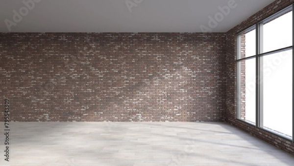 Fototapeta Modern empty room with big window, brick wall and white wooden floor. Interior mockup with space for furniture or paintings on the wall. 3D render