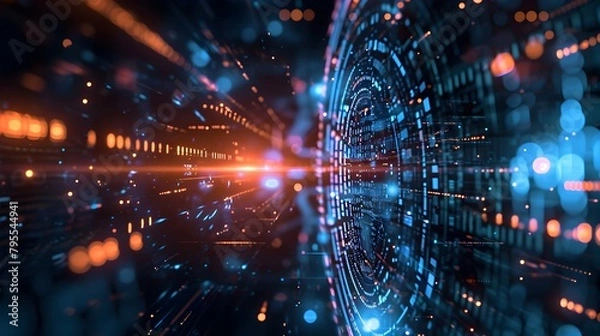 Fototapeta walls wrapped in digital binary codes with blue lights in the technology gateway