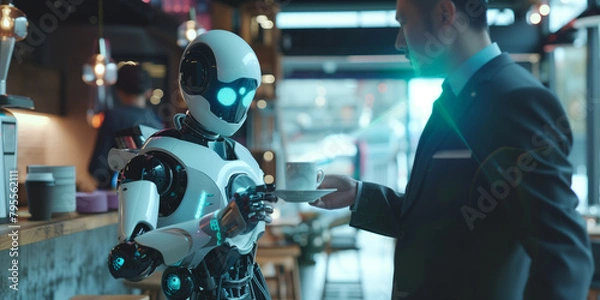 Fototapeta Illustration of human in suit takes a cup of coffee from robot in bright and shine cafe or restaurant in sci-fi style