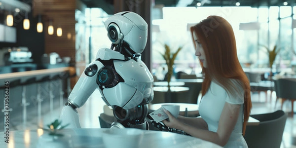 Fototapeta Illustration of woman in white dress pays for a cup of coffee to robot in bright and shine cafe or restaurant in sci-fi style