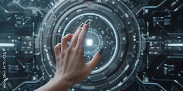 Fototapeta Woman hand pressing on white button on the bright control panel in sci-fi style