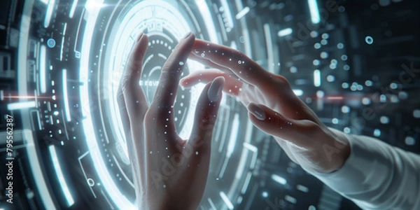 Fototapeta Woman hands above white control panel in sci-fi style