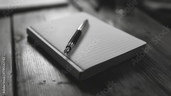 Fototapeta A pen lying on top of a notebook on a wooden table.