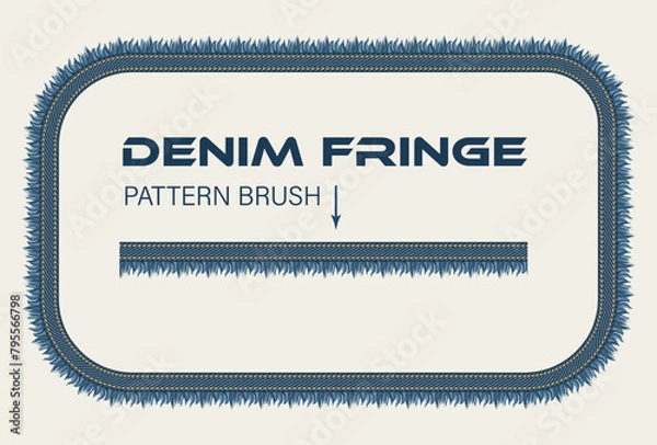 Fototapeta Rectangular denim frame. Pattern brush with denim fabric, double topstitching, fringe. Design element in vintage style.