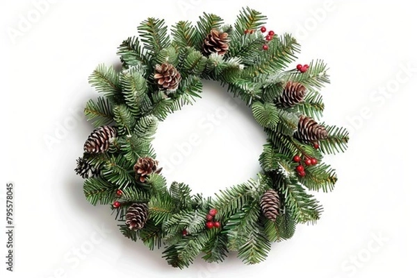 Fototapeta Elegant Christmas wreath on a transparent white canvas, adding sophistication to designs