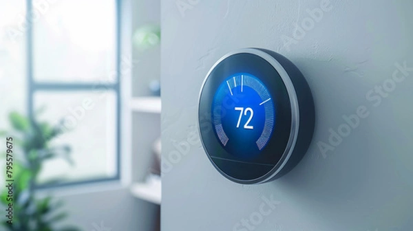 Fototapeta On a quest for sustainability, a smart thermostat adjusts to conserve energy and protect the planet