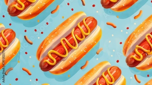 Fototapeta Playful hot dog pattern sprawled on a soft blue canvas, a perfect mix of fun and appetite for food-themed artistic projects