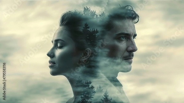 Fototapeta A dreamlike double exposure image merges the profiles of a contemplative man and a serene woman with the silhouettes of towering trees against a cloudy sky, evoking a sense of unity with nature.