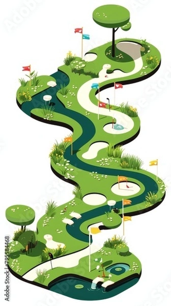 Fototapeta Detailed isometric mini golf course with colorful flags and putters, serene pond, ideal for resort marketing