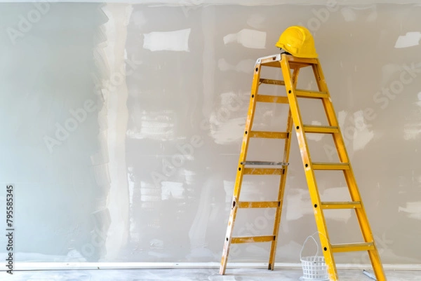 Obraz A construction ladder and a helmet stand against the wall. Apartment renovation and decoration concept