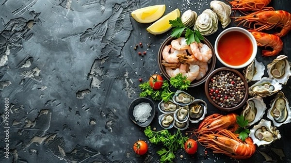 Fototapeta Beautiful seafood with vegetables and herbs on a dark stone background. Food advertising. Banner, menu.