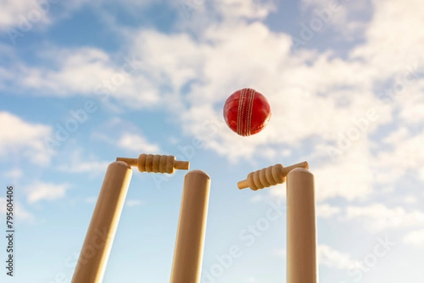 Obraz Cricket ball hitting wicket stumps and bails background