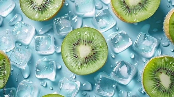 Fototapeta top view of  sliced of kiwi and ice