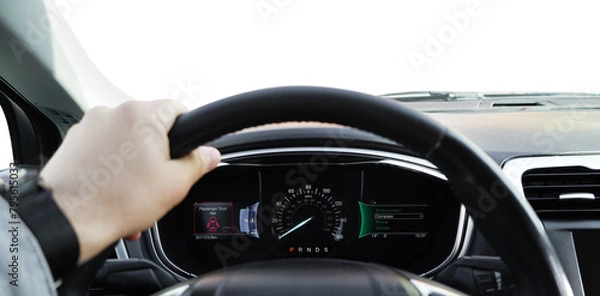 Fototapeta Man driving car with speedometer on dashboard, closeup