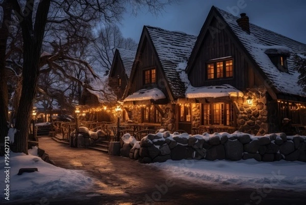 Fototapeta A Rustic Tavern Nestled in a Snowy Landscape, Illuminated by Warm Light Spilling from its Windows, Inviting Travelers to Rest