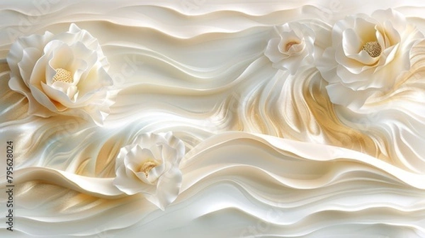 Fototapeta   A white flower painted against a pristine white backdrop, featuring gentle wavy lines in the bottom right corner