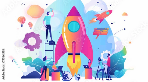 Fototapeta An illustrated rocket, a man on a ladder