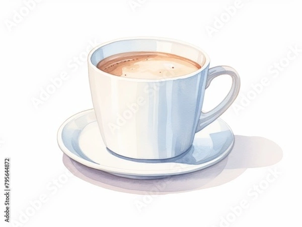 Fototapeta Tranquil watercolor painting of a morning coffee, crafted in a light aquarelle technique, perfectly isolated against a white backdrop, water color, drawing style, isolated clear background