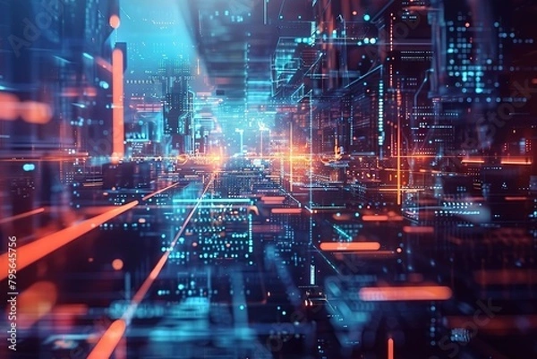 Fototapeta Beautiful Hologram of Growing modern conceptual spaces in Cyberspace. Futuristic hi tech, mechanical technology Digital Urban Development. Business and hi tech, mechanical technology Concept.