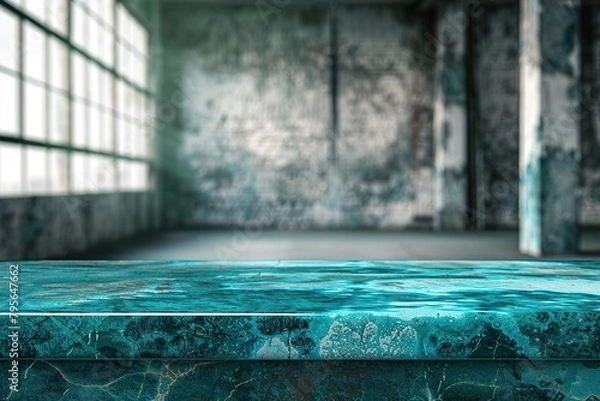 Obraz Empty stone table with blurturquoise soft light factory business background. product display template. Mock up template for display. Business presentation