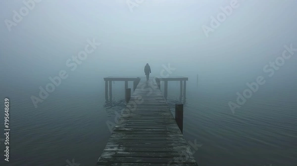 Fototapeta A mysterious presence looms at the pier's edge in dense fog, the eerie image evoking an unsettling sense of anticipation and dread.