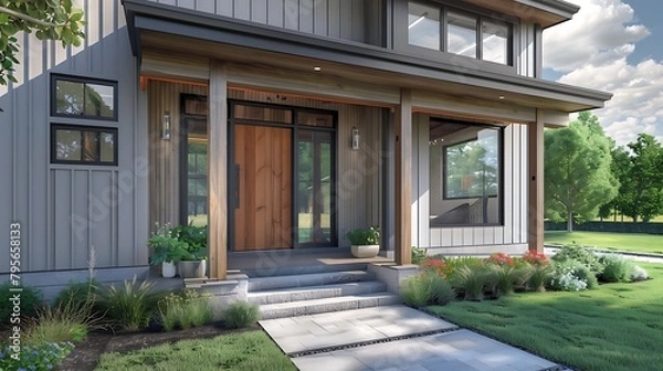 Obraz A grey modern farmhouse front door with a covered porch, wood front door with glass window, and grey vinyl and wood siding