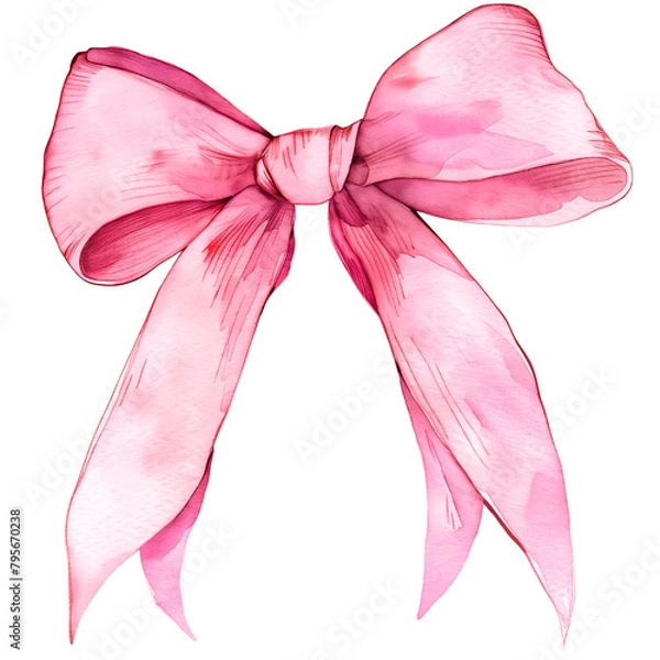 Fototapeta Soft Pink Watercolor Bow Isolated, Soft pink watercolor bow illustration, perfect for a gentle and feminine touch on a white background.

