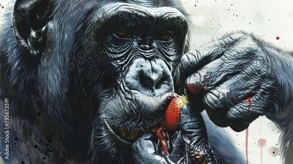 Fototapeta   A painting of a gorilla holding a red strawberry in its mouth, covered in blood on its body