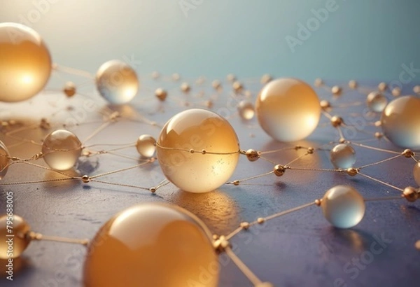 Obraz Golden spheres connected by lines on a dark background. This image depicts network connectivity and complex systems.