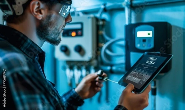 Obraz Smart meter, smart metering. A technician using an electric meter to Protective of the home's electrical system while holding up his tablet. 