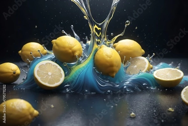Obraz Vibrant Fruit Explosion: An abstract piece of art depicting fresh fruit in a dynamic blend of colors, ideal for beverage advertising, designed for marketers and creatives, presented at an angle