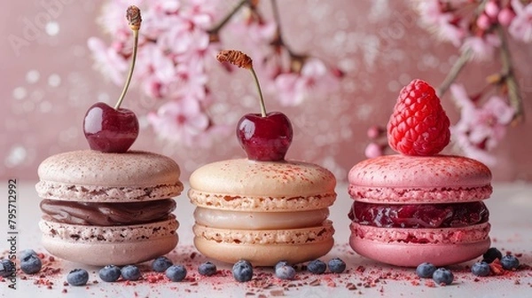 Fototapeta  one topped with a cherry, another with raspberry, the third with strawberry