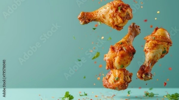 Obraz Delicious chicken pieces falling on bright solid color background, food concept