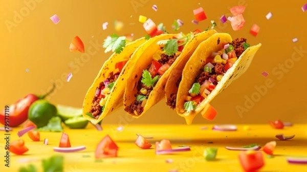 Obraz Delicious taco pieces falling on bright solid color background, mexican food concept