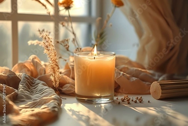 Obraz Elegant Simplicity: Scented Candle with Craft Paper and Wood Detail