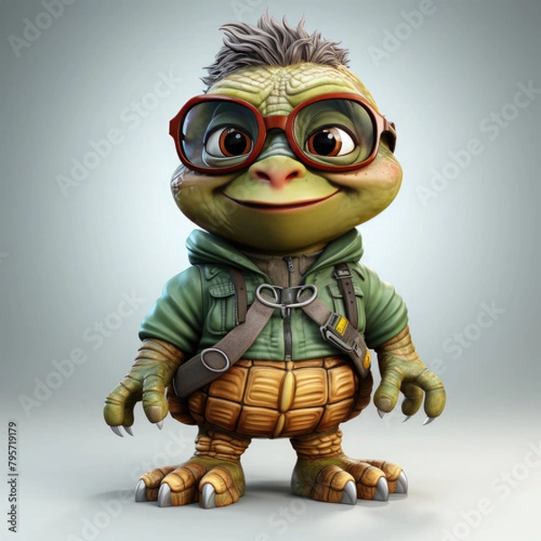 Fototapeta Watercolor turtle with glasses in front of studio, clipart Illustration, Generative Ai