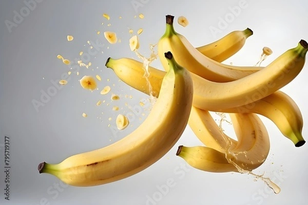 Fototapeta Flying banana slices, isolated on white background